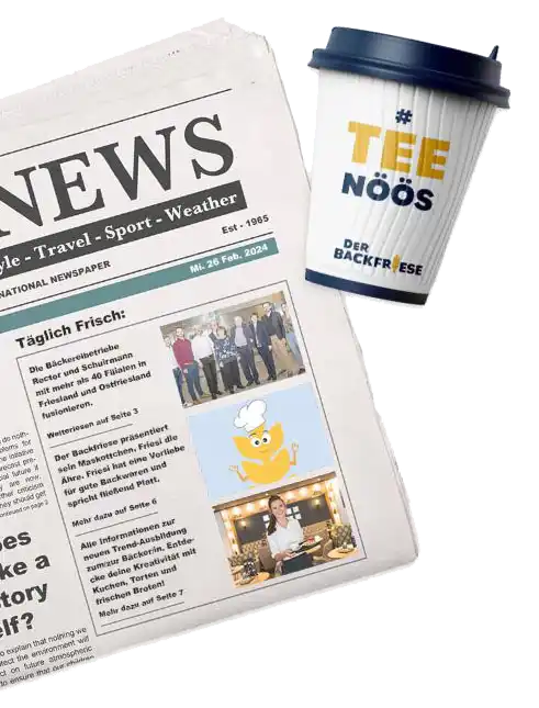zeitung und tee nase auf einem bild(1) backfriese websites elemente an der seite zeitungsanzeigen mit frirse dem Backfriesen emblem